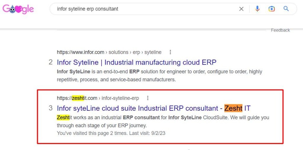 Google Search Rank #2 - infor cloudsuite erp partner